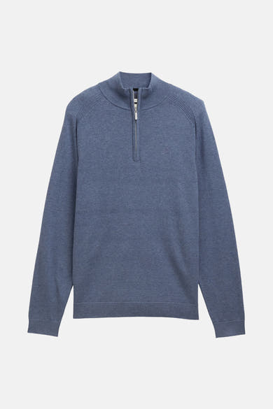 Blauwe trui met ritssluiting van Tom Tailor, met kabelpatroon en geborduurd logo.