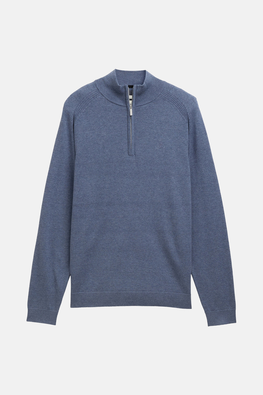 Blauwe trui met ritssluiting van Tom Tailor, met kabelpatroon en geborduurd logo.
