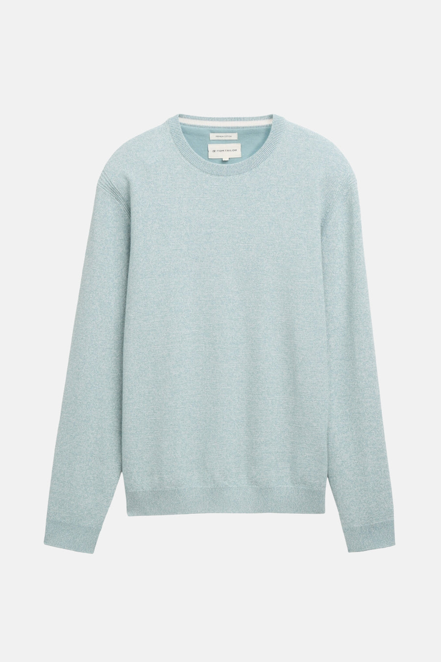 Ronde hals trui blauw van Tom Tailor, in fijne textuur gebreid, platliggend op een effen achtergrond.