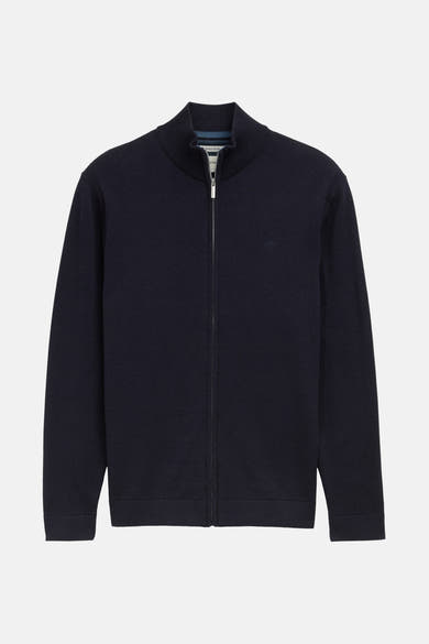 Gilet bleu marine zippé de Tom Tailor, en maille fine avec col montant.
