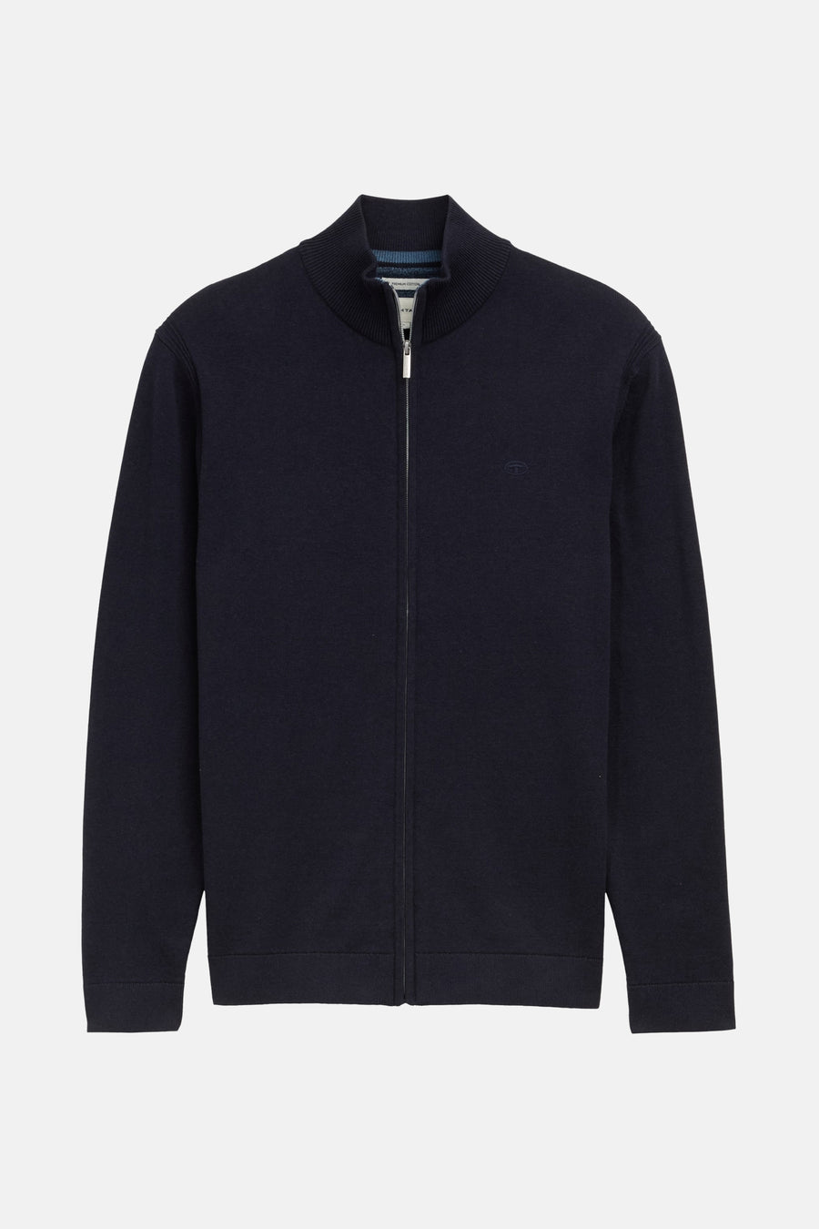 Gilet bleu marine zippé de Tom Tailor, en maille fine avec col montant.
