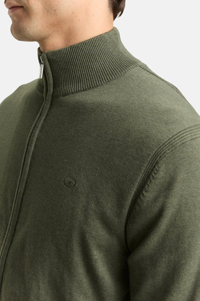 Kaki gebreid vest van Tom Tailor, met ritssluiting en geribde opstaande kraag.