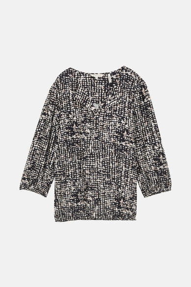 Blouse noire à manches trois-quarts de Tom Tailor, motif à pois irréguliers, encolure en V boutonnée.
