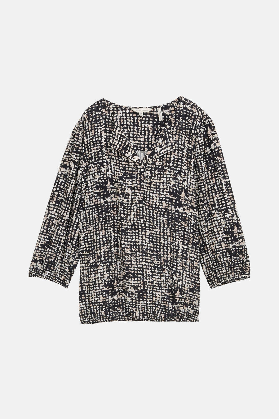 Blouse noire à manches trois-quarts de Tom Tailor, motif à pois irréguliers, encolure en V boutonnée.