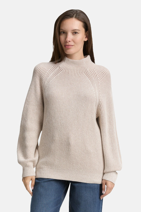 Beige gebreide trui met ribstructuur van Tom Tailor, met een opstaande kraag en lange raglanmouwen.