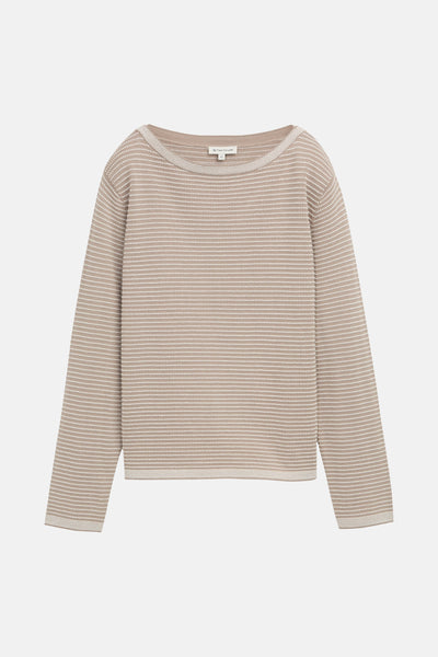 Pull à col rond beige de Tom Tailor, à rayures horizontales blanches, motif texturé.