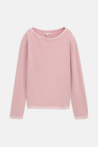 Roze trui met ronde hals van Tom Tailor, horizontale textuurstrepen en geribde boorden.