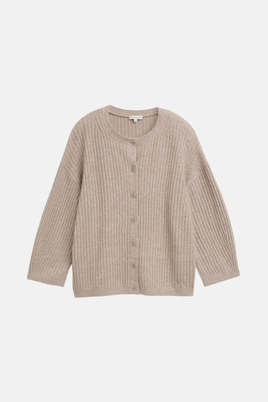 Beige geribde cardigan van Tom Tailor, met een centrale knoopsluiting en driekwartmouwen.