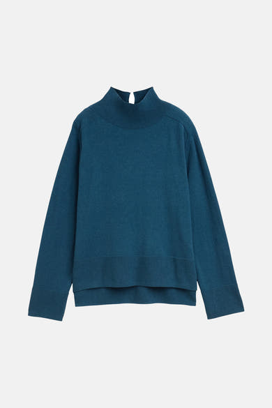 Tom Tailor blauwe trui met opstaande kraag, geribde gebreide kraag en zoom, losse pasvorm.
