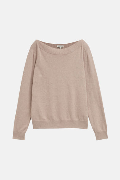 Pull beige de Tom Tailor, à col bateau et manches longues, en maille fine.