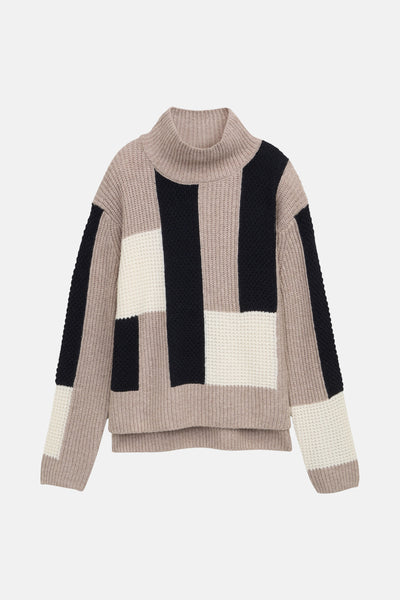 Pull col montant multicolore de Tom Tailor, à motif patchwork géométrique et en maille côtelée.
