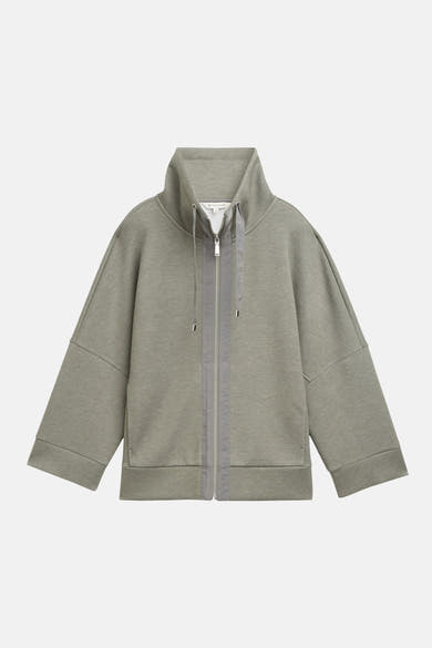 Cardigan kaki par Tom Tailor, avec fermeture éclair centrale et col montant.
