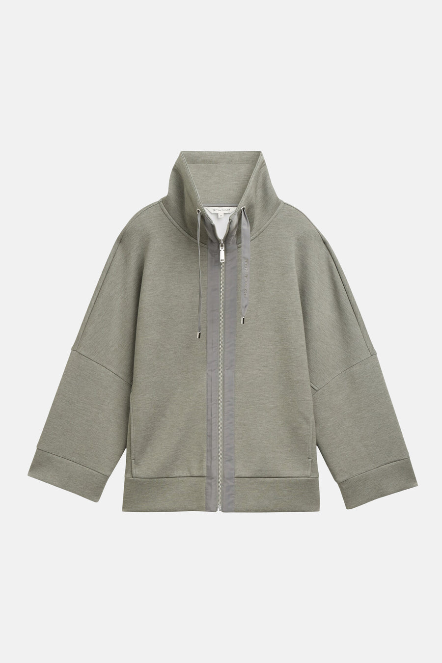 Cardigan kaki par Tom Tailor, avec fermeture éclair centrale et col montant.