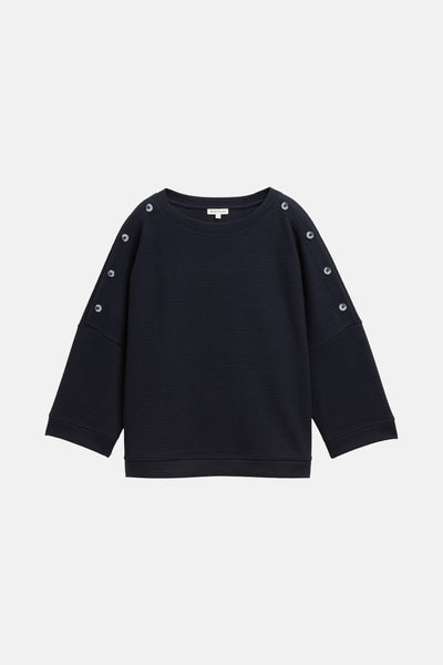 Sweat bleu à col rond by Tom Tailor, avec boutons décoratifs aux manches trois-quarts, texture gaufrée.
