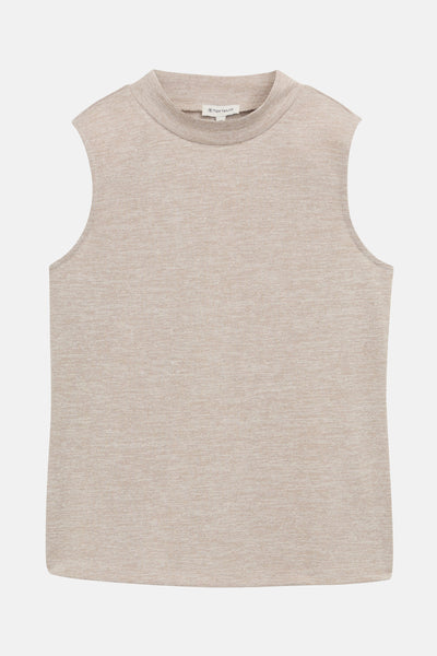 Top sans manches beige de Tom Tailor, à maille chinée et encolure montante.