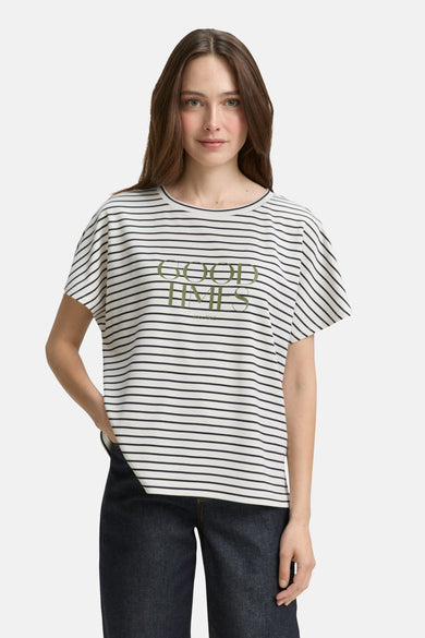 Multikleurig T-shirt met korte mouwen van Tom Tailor met horizontale strepen en groene decoratieve print.