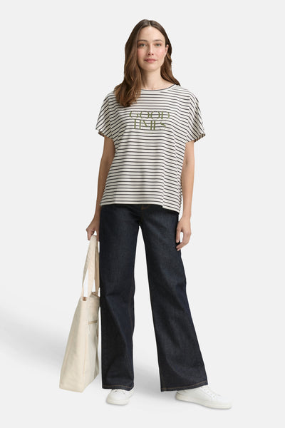 Multikleurig T-shirt met korte mouwen van Tom Tailor met horizontale strepen en de opdruk "GOOD TIMES".