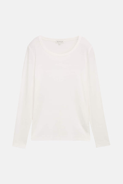 T-shirt blanc à manches longues de Tom Tailor, uni, coupe droite.