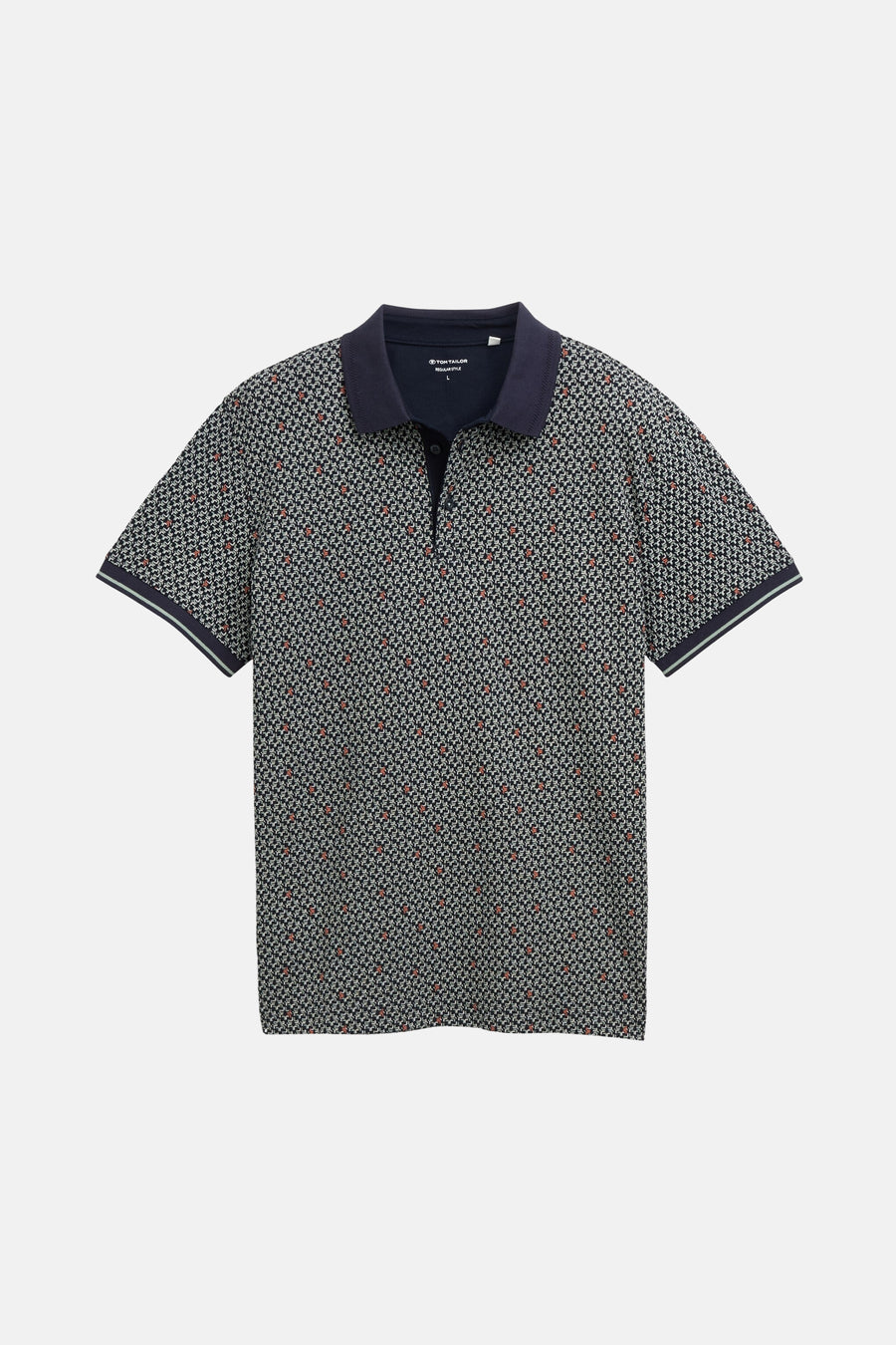 Multikleurig poloshirt met korte mouwen van Tom Tailor, met een complex abstract patroon en een licht gekreukte textuur.