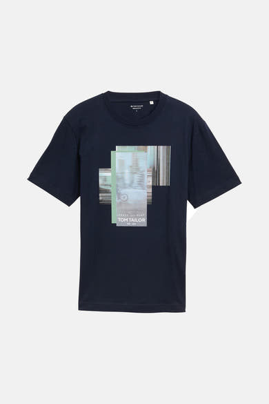 Blauw T-shirt met korte mouwen van Tom Tailor, met abstracte grafische print op de voorkant.
