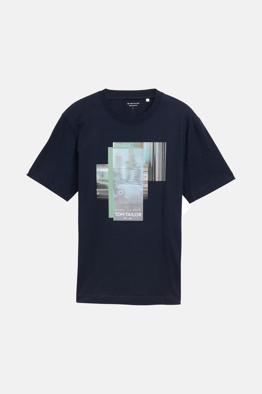 Blauw T-shirt met korte mouwen van Tom Tailor, met abstracte grafische print op de voorkant.