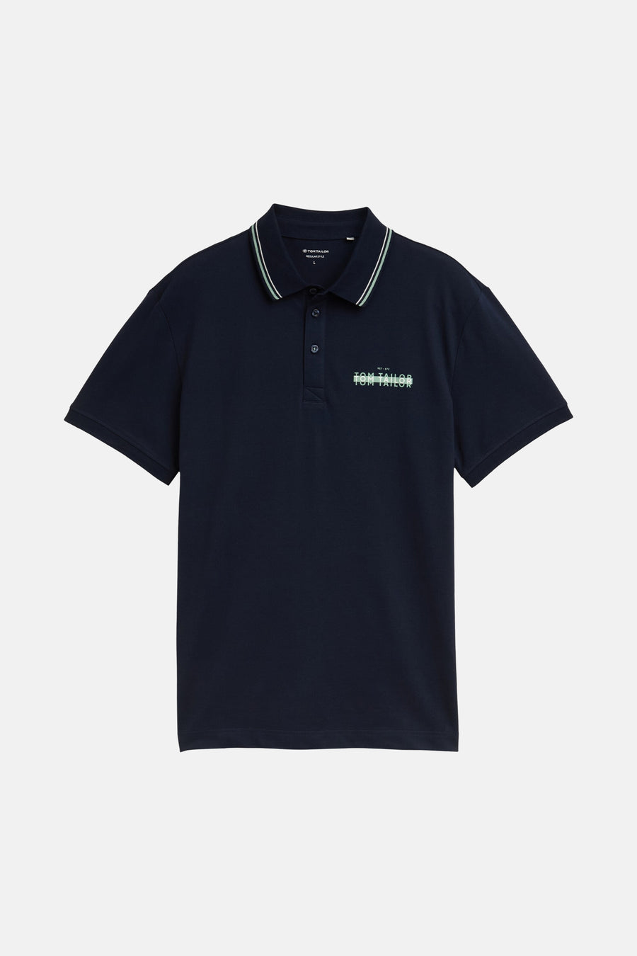 Blauwe polo met korte mouwen van Tom Tailor, met decoratieve strepen op de kraag en een print op de borst.
