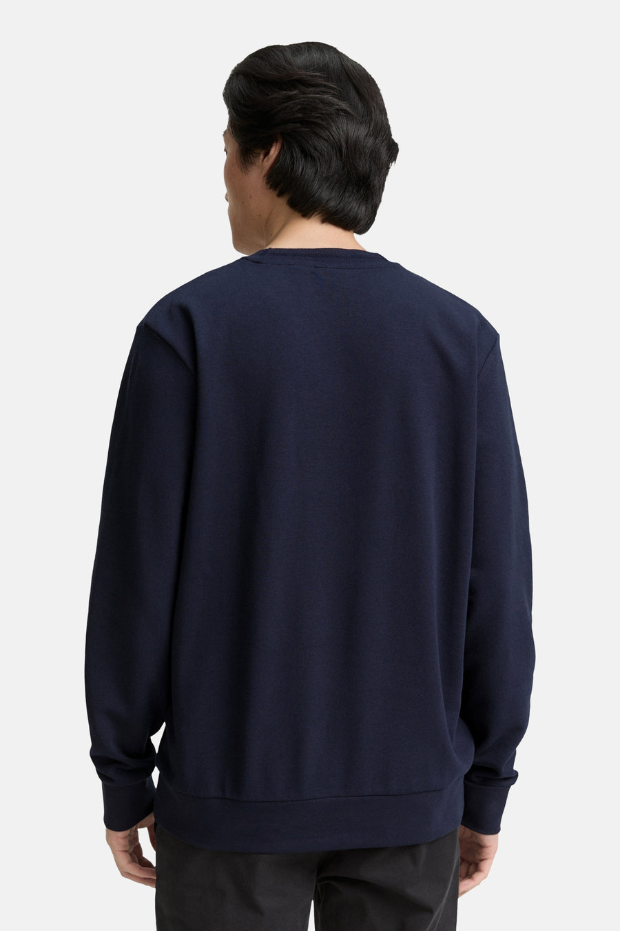 Donkerblauwe rondehals trui van Tom Tailor, achterkant, gedragen met een zwarte broek.