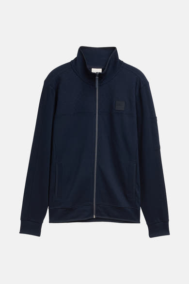 Marineblauwe jas met rits van Tom Tailor, met ruitpatroon aan de bovenkant en zijzakken.