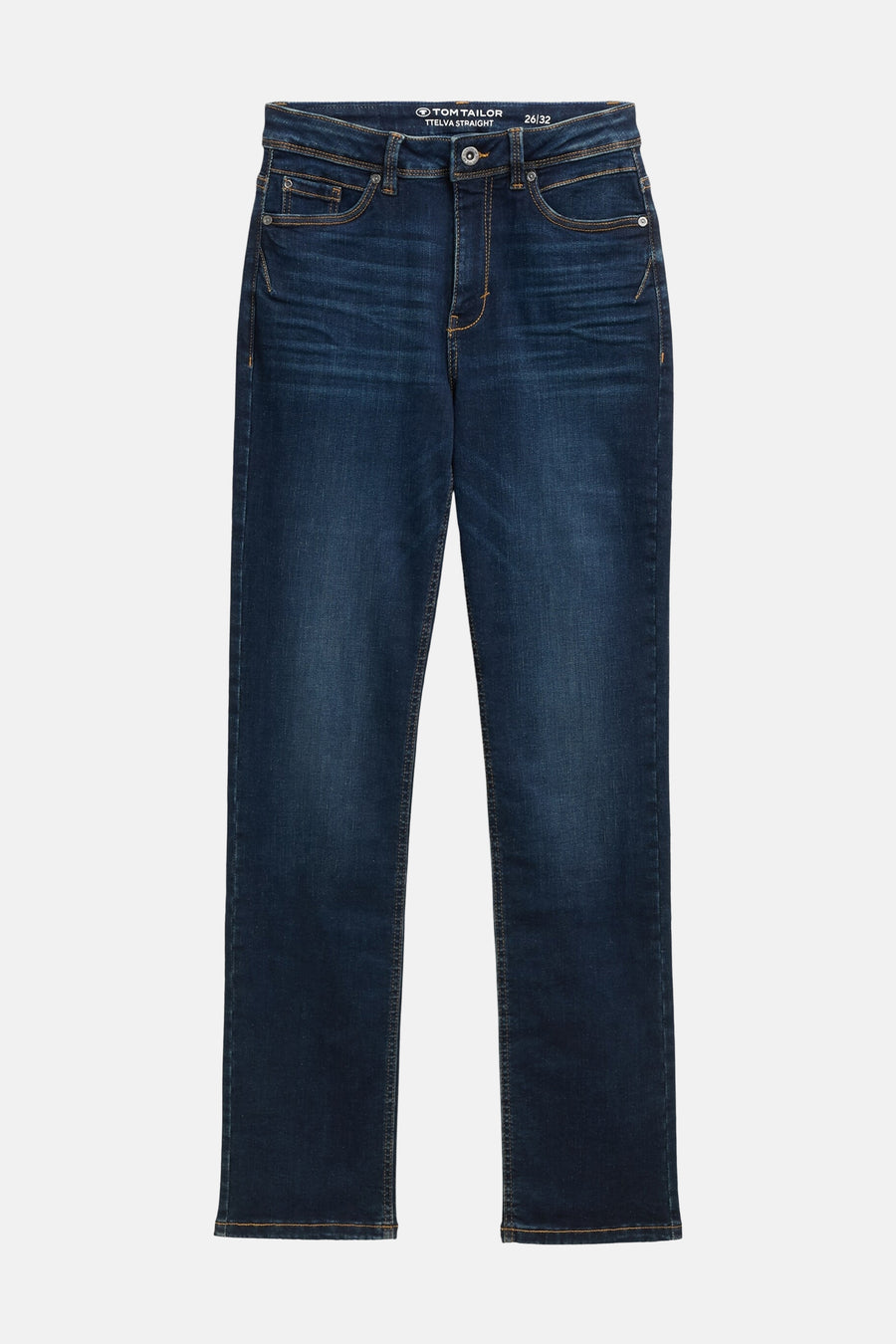 Jean droit en denim bleu foncé de Tom Tailor, avec détails de coutures apparentes.