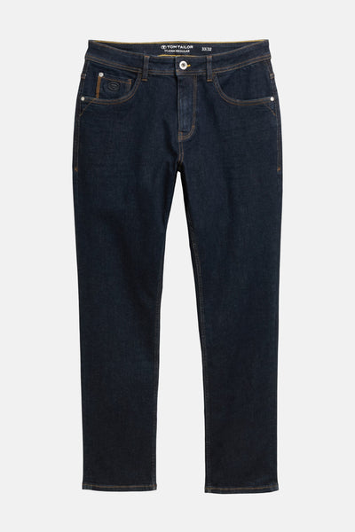 Jean slim en denim bleu foncé de Tom Tailor, avec coutures contrastantes et détails métalliques.