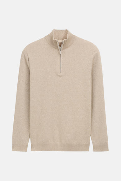 Beige ronde hals trui van Tom Tailor, met een korte ritssluiting bij de hals en een subtiele gebreide textuur.