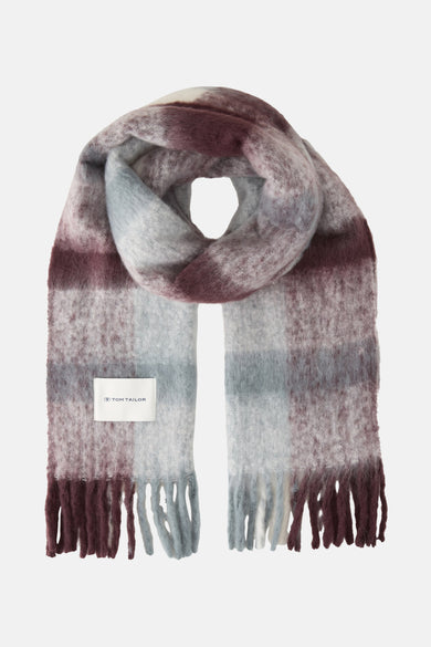 Écharpe multicolore par Tom Tailor, à larges rayures bordeaux, grises et blanches, avec franges.