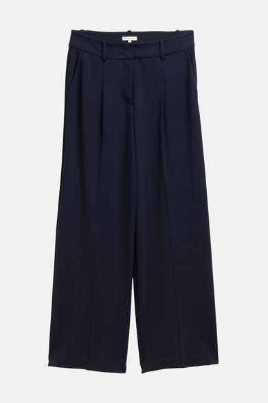 Blauwe pantalon van Tom Tailor, wijde pasvorm met plooien aan de voorkant.