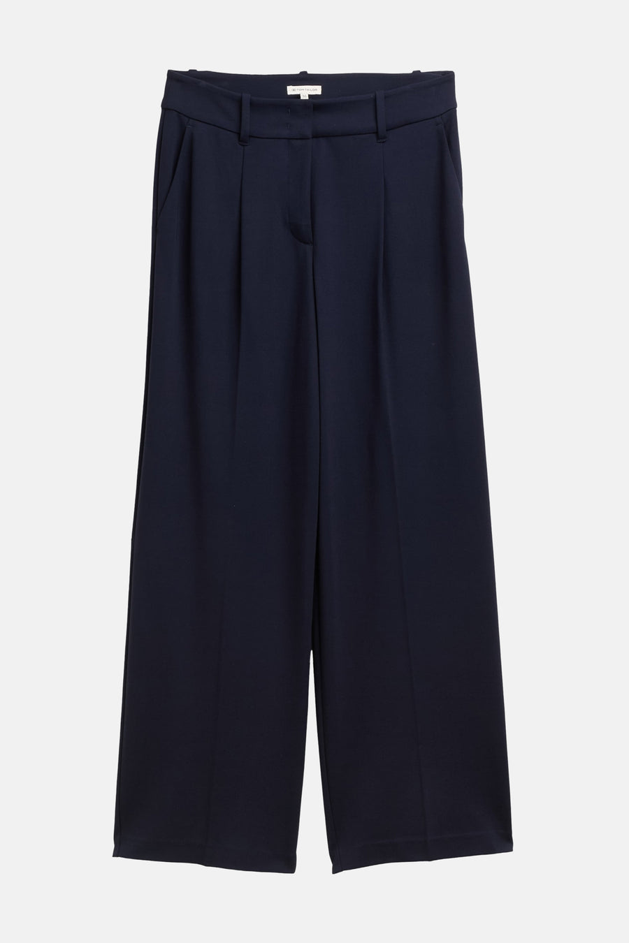 Blauwe pantalon van Tom Tailor, wijde pasvorm met plooien aan de voorkant.