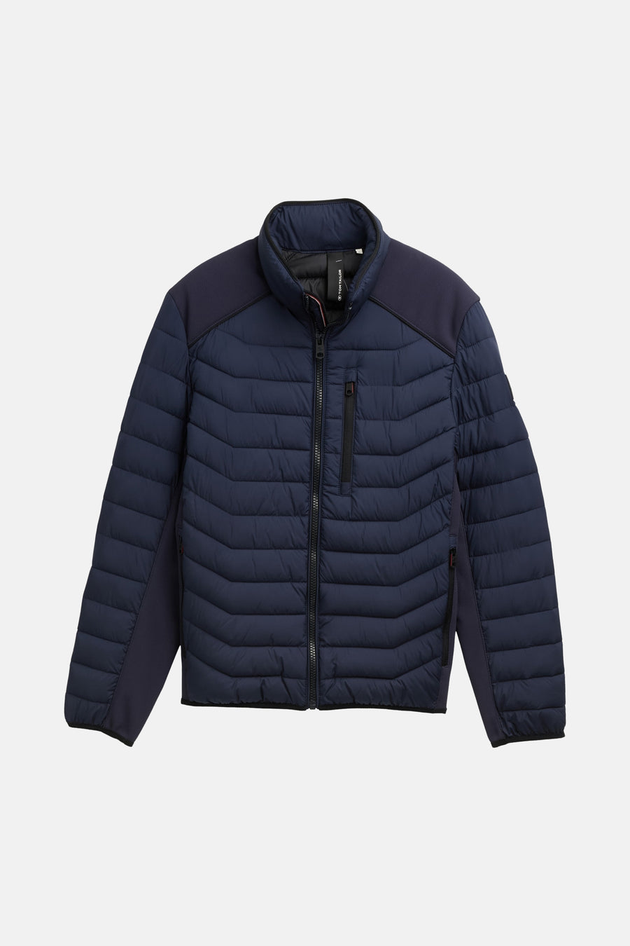 Veste courte bleue de Tom Tailor, avec empiècements texturés aux épaules et aux manches.