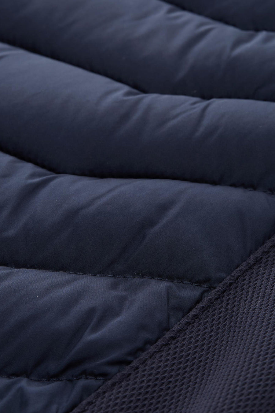 Veste courte bleue par Tom Tailor, avec texture matelassée et bordure côtelée.