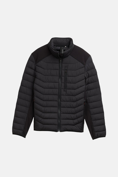 Veste courte noire de Tom Tailor, matelassée avec empiècements en maille sur les épaules et les côtés.