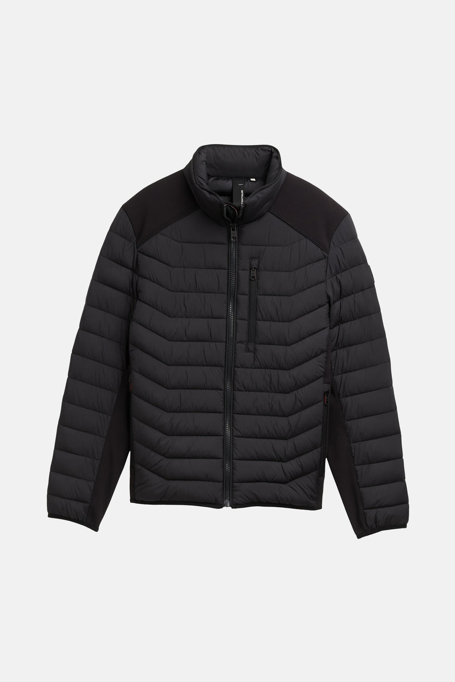 Veste courte noire de Tom Tailor, matelassée avec empiècements en maille sur les épaules et les côtés.