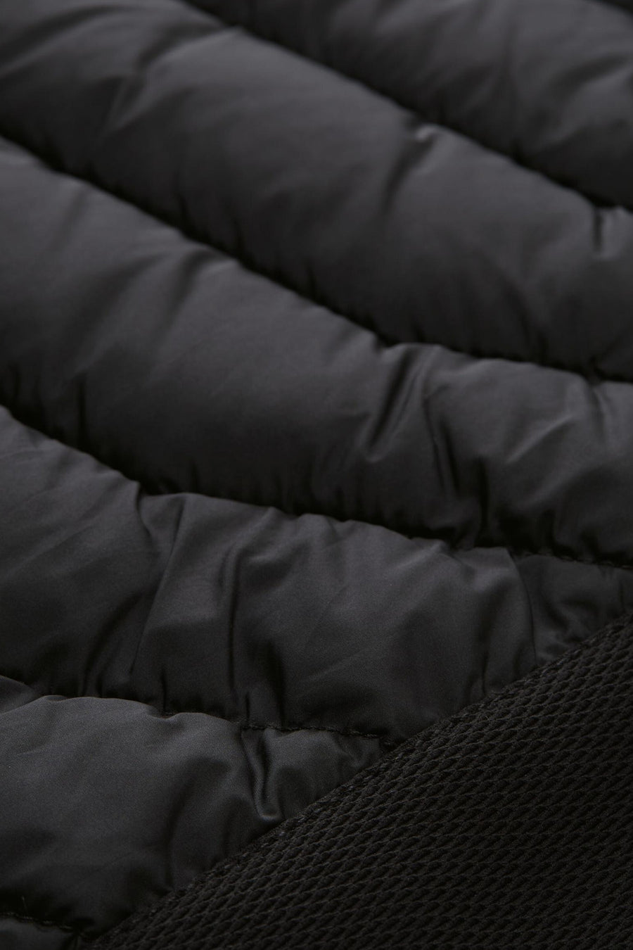 Veste courte noire de Tom Tailor avec texture matelassée visible en gros plan.