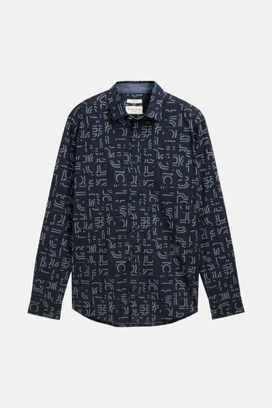 Blauw overhemd met lange mouwen van Tom Tailor met wit en groen geometrisch patroon.