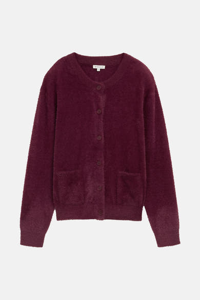 Rode pluizige cardigan van Tom Tailor, met opgestikte zakken en een knoopsluiting.