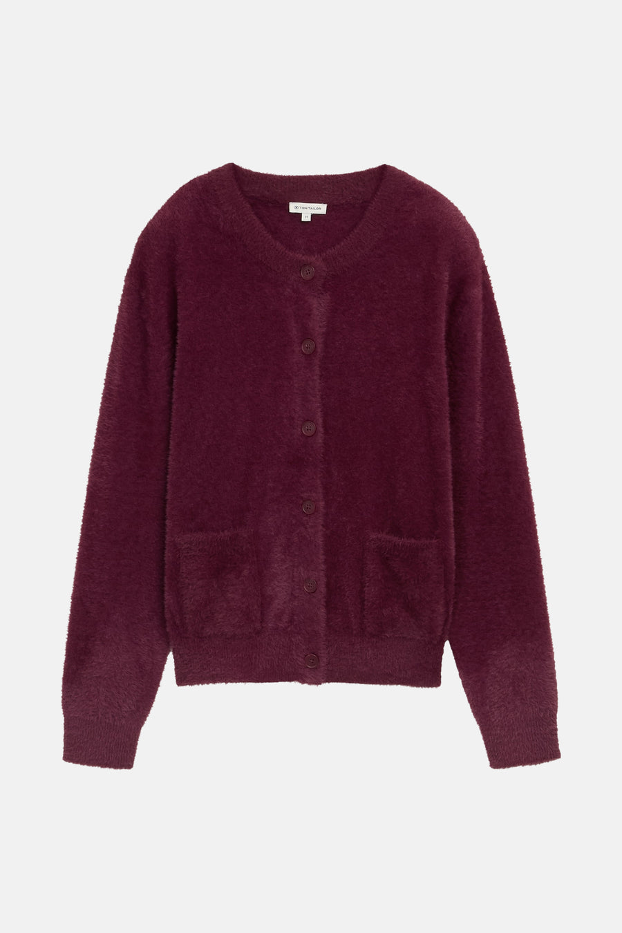 Rode pluizige cardigan van Tom Tailor, met opgestikte zakken en een knoopsluiting.