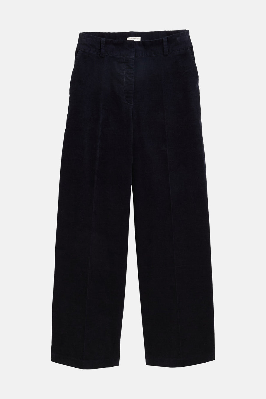 Blauwe ribfluwelen broek van Tom Tailor, wijde pasvorm en rechte pijpen op een witte achtergrond.