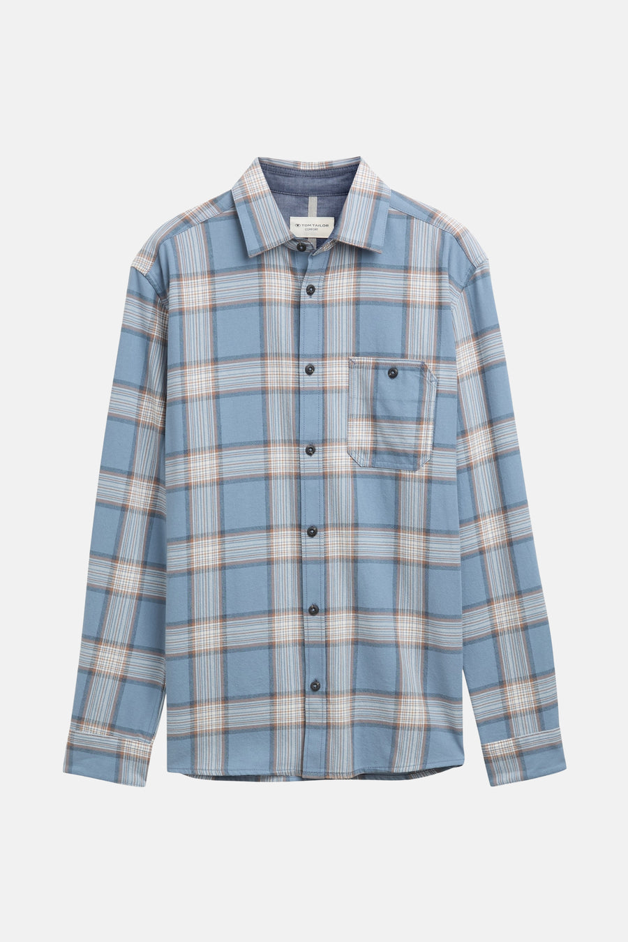 Chemise à manches longues bleue à carreaux par Tom Tailor, avec une poche poitrine et des boutons foncés.