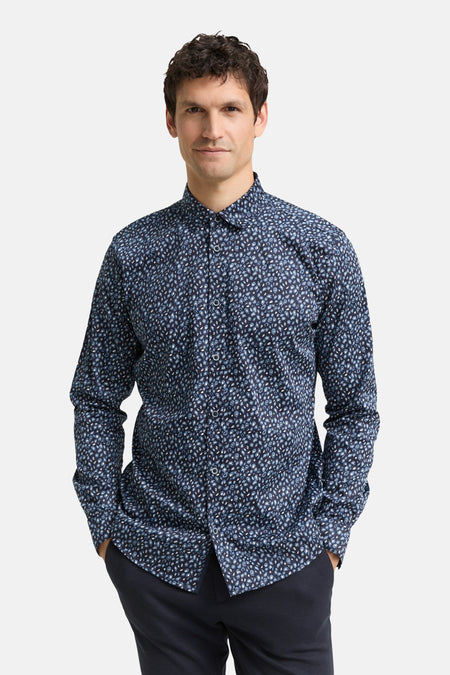 Blauwe blouse met lange mouwen van Tom Tailor, met print, achterkant.