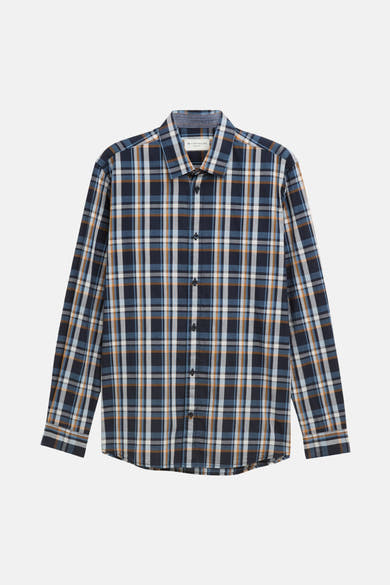 Multikleurig overhemd met lange mouwen van Tom Tailor, marineblauw, lichtblauw en oker geruit.