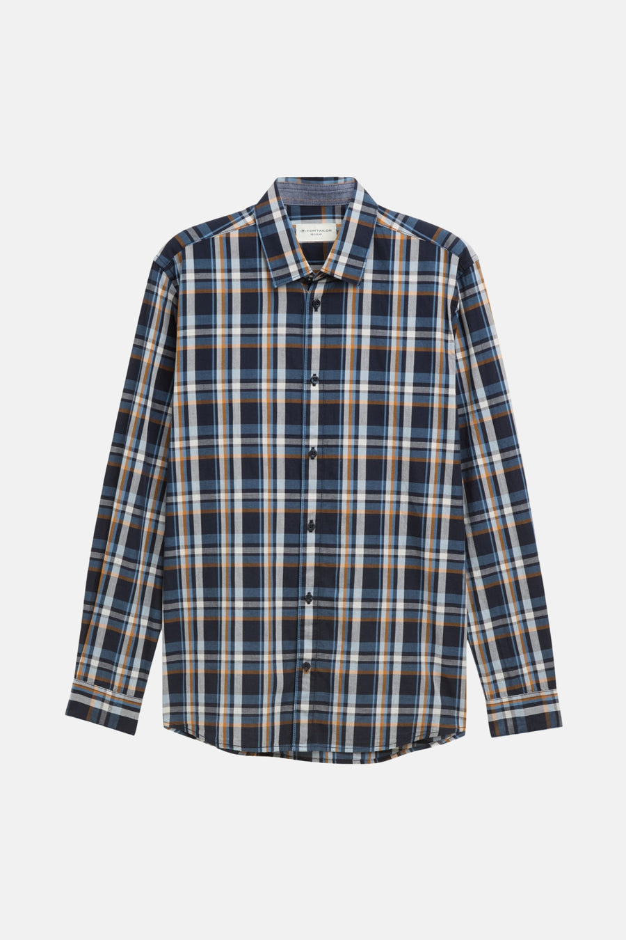 Multikleurig overhemd met lange mouwen van Tom Tailor, marineblauw, lichtblauw en oker geruit.
