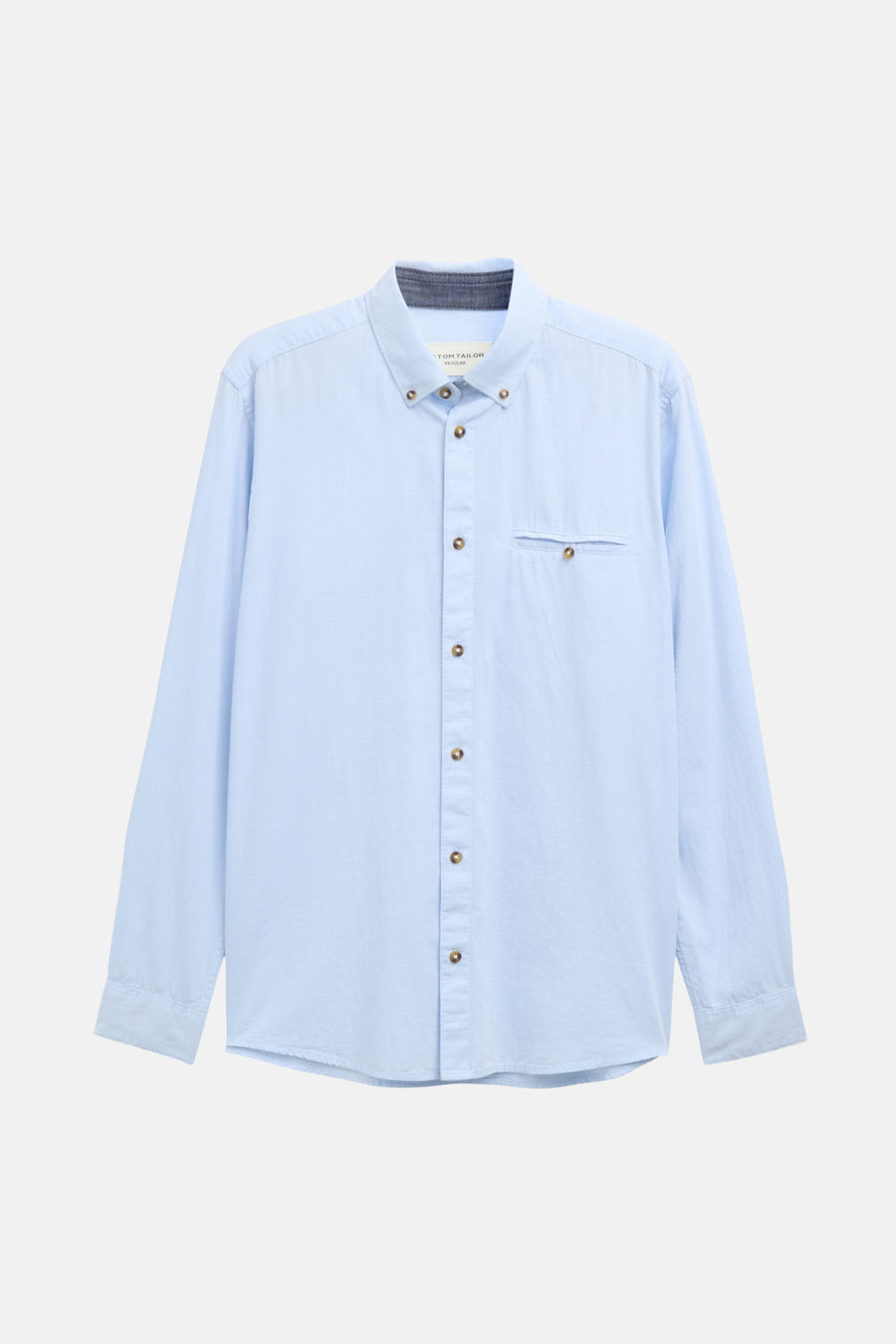 Blauwe katoenen blouse met lange mouwen van Tom Tailor, met bruine knopen en borstzak.