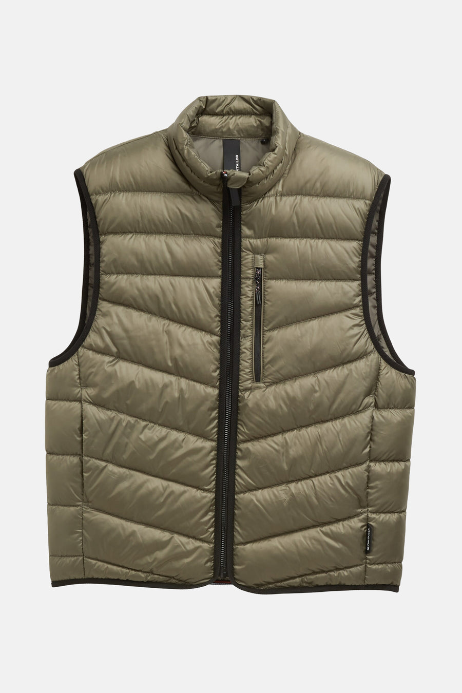 Veste sans manches kaki de Tom Tailor, avec fermeture éclair noire et finitions noires autour des emmanchures et de l'ourlet.