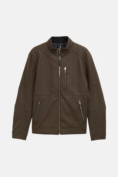 Veste en simili cuir marron de Tom Tailor, avec fermeture éclair argentée et épaulettes matelassées.